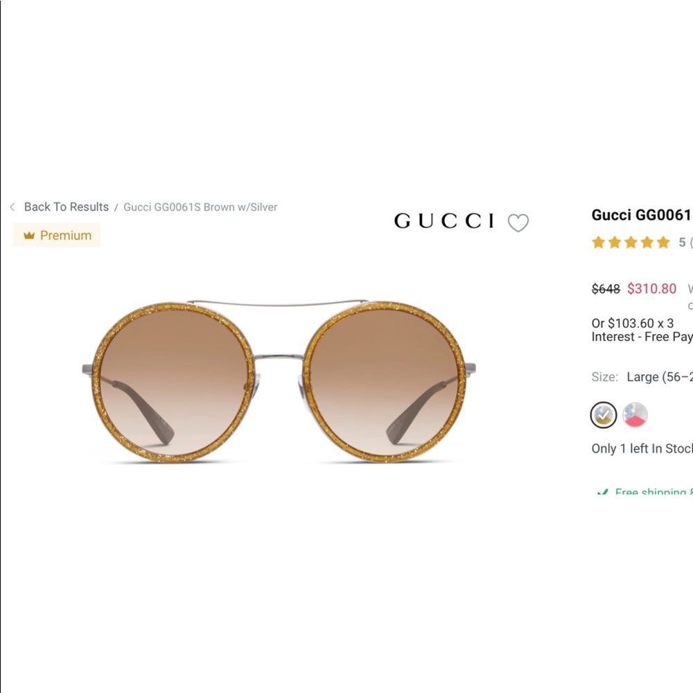 GUCCI UNISEX GOLD GLITTER ROUND SUNGLASSES, 2024 FASHION STATEMENT IS ROUND - Picture 15 of 16